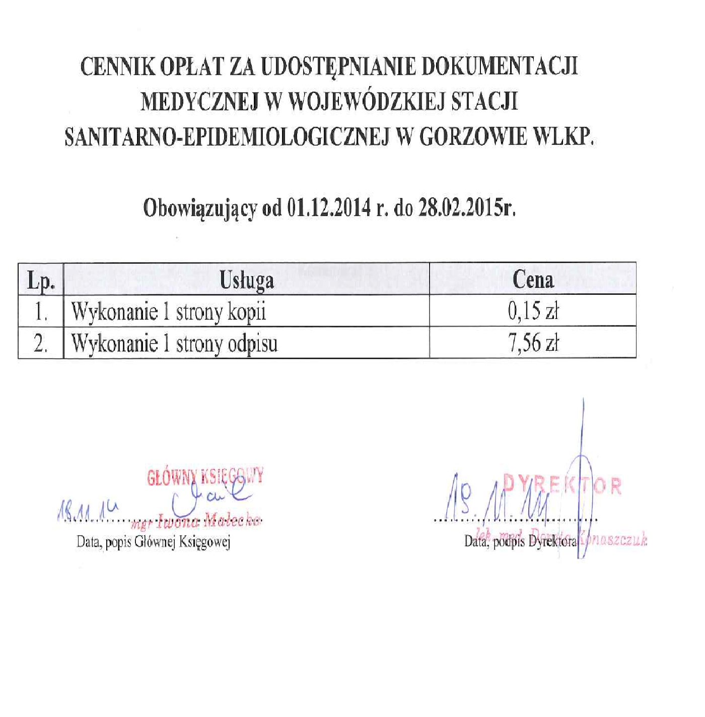 Cennik usług medycznych WSSE